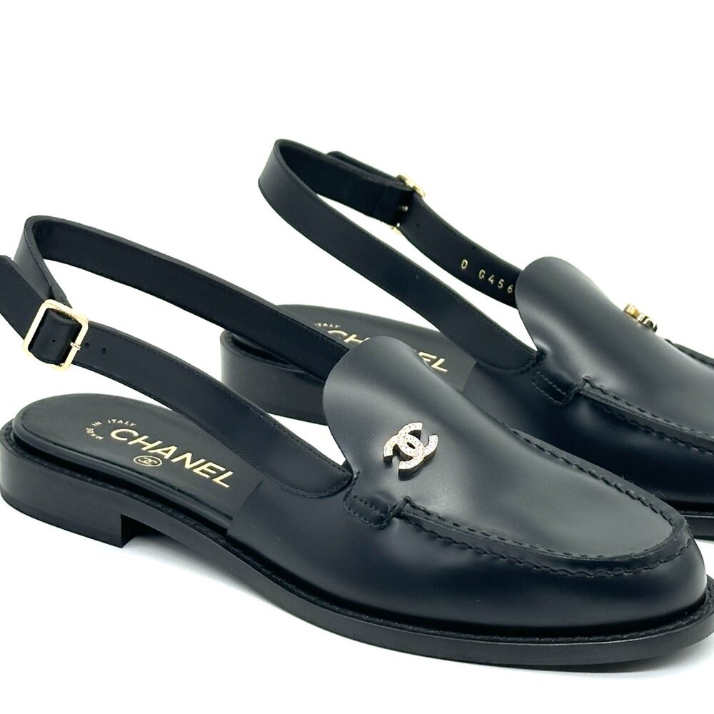 CHANEL 25P 2025 Crystal CC Logo Leather Slingback Flat Loafers Shoes Sandals - Picture 8 of 16